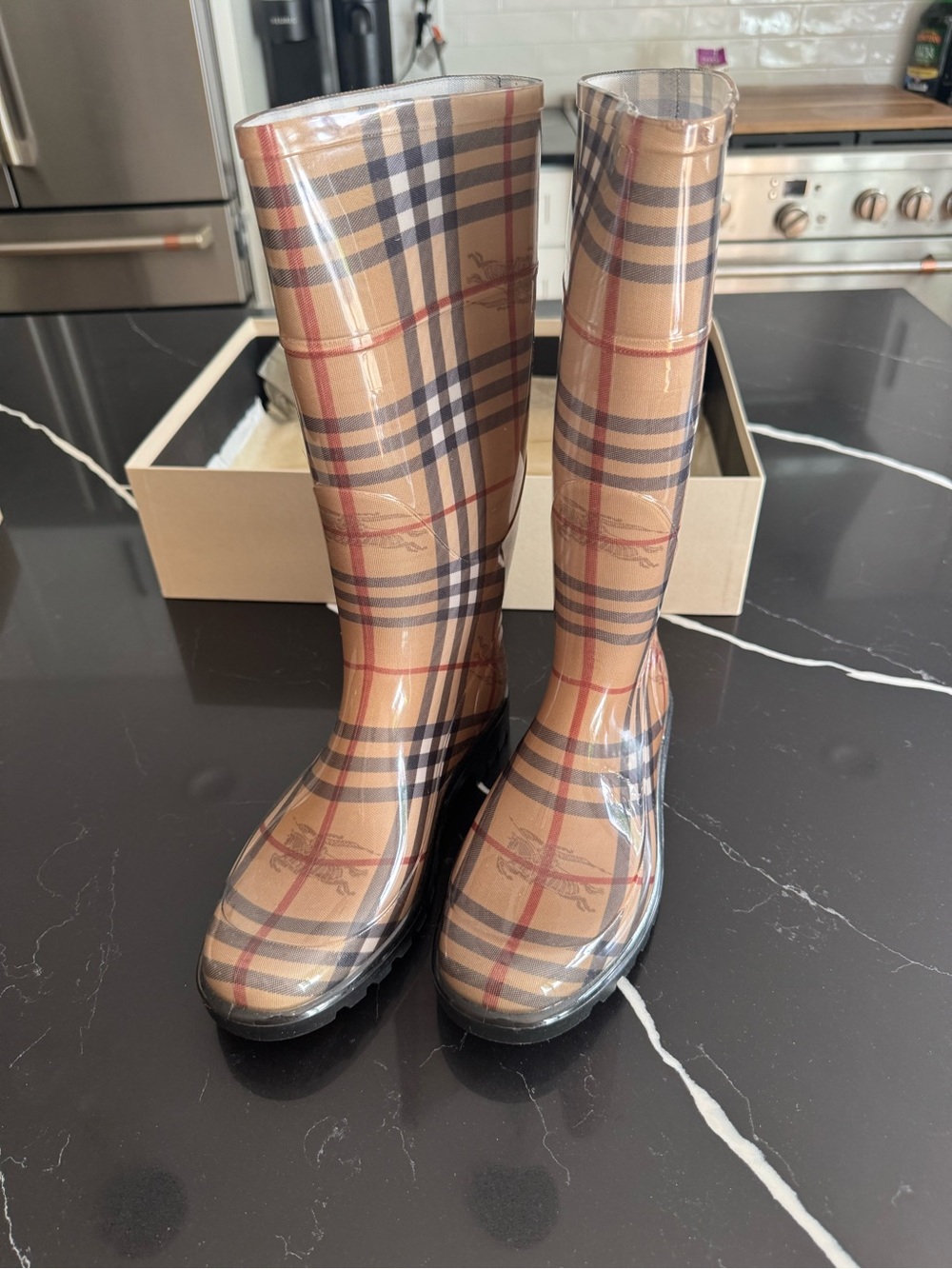Burberry Beige Plaid Tall Rain Boots with Black‎ Sole